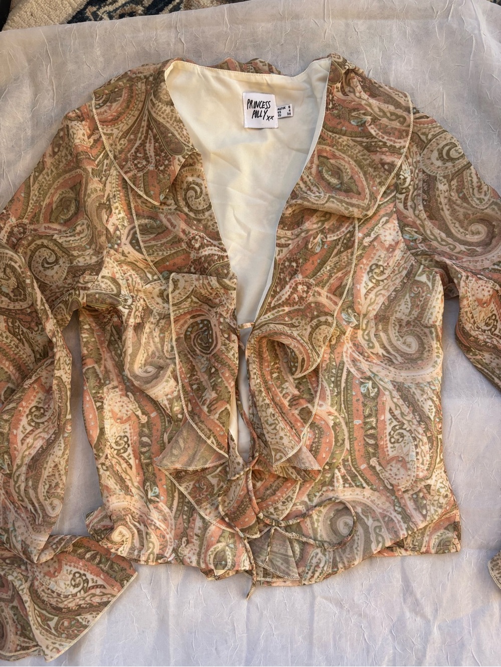 Princess Polly Paisley Ruffle Tie-Front Blouse in Neutral Pink & Sage